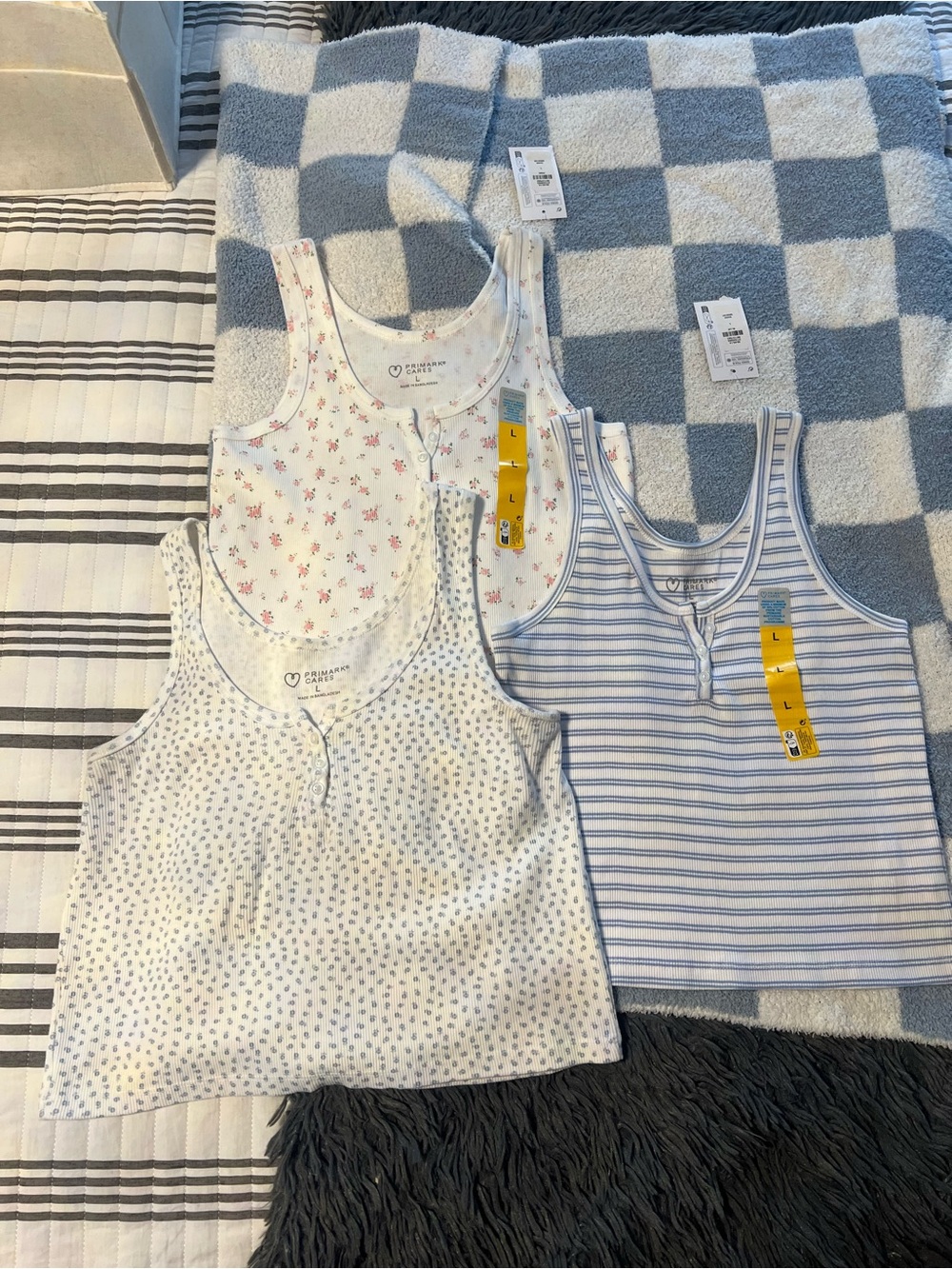 Girls Cotton Tank Tops - White with Blue, Pink Floral & Blue Stripe